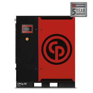 Red and black industrial compressor with warranty badge.