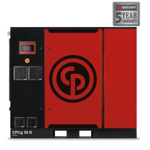 Red industrial generator with warranty sign.