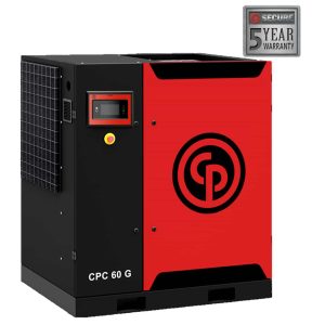 Industrial red and black compressor with 5-year warranty.
