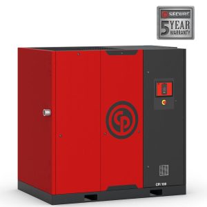 Red industrial generator with 5-year warranty badge.
