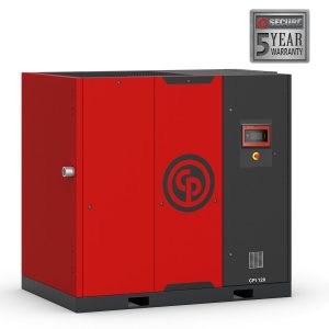 Red industrial air compressor with warranty seal