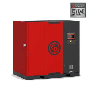 Industrial red air compressor with warranty badge.