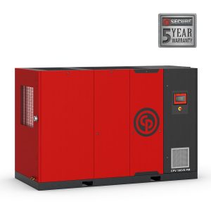 Red industrial power generator with warranty badge.