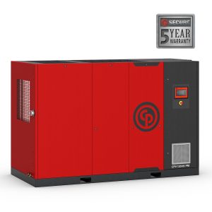 Red industrial generator with warranty emblem