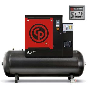 Industrial air compressor with 5-year warranty badge.