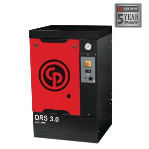 Red and black industrial air compressor with warranty badge.