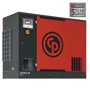 Industrial air compressor with 5-year warranty label.