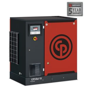 Industrial air compressor CPVSd 15 with warranty badge.