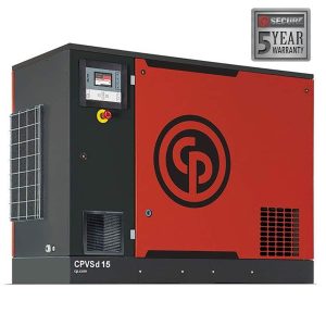 Industrial air compressor with 5-year warranty sign.
