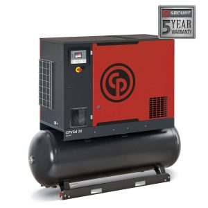 Industrial air compressor with 5-year warranty seal.