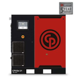 Industrial red and black compressor with warranty seal.