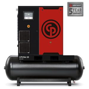 Industrial air compressor with 5-year warranty label.