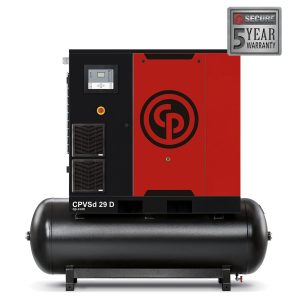 Industrial rotary screw compressor with warranty badge.