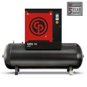 Industrial air compressor with five-year warranty.