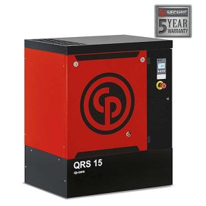 Red industrial air compressor QRS 15 with warranty badge.
