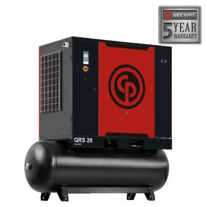 Industrial air compressor with 5-year warranty sign.