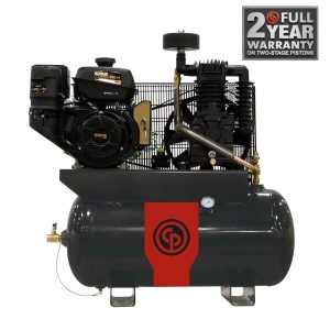 Industrial air compressor with two-stage piston warranty.