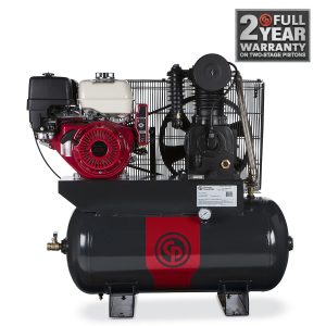 Industrial air compressor with warranty sign